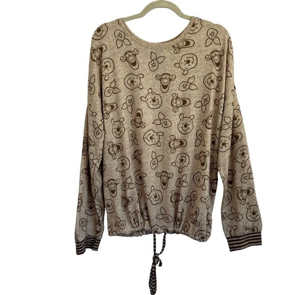Disney Womens XL Winnie The Pooh Character All Over Print Pajama Top Brown - Picture 1 of 8